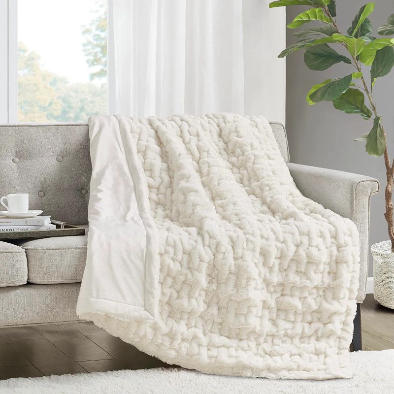 Photo 1 of Hand Ruched Fur Luxury Throw Premium Soft Cozy 50x60" , Ivory