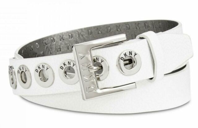 Photo 1 of Size L  / DKNY Women's Belt White Silver Pebbled Faux Leather With Grommets 