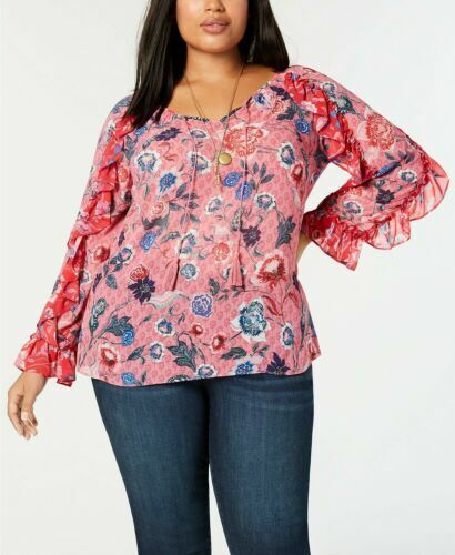 Photo 1 of SIZE XL Style & Co Plus Size Ruffled Multi-Floral Print Red Pink Blouse