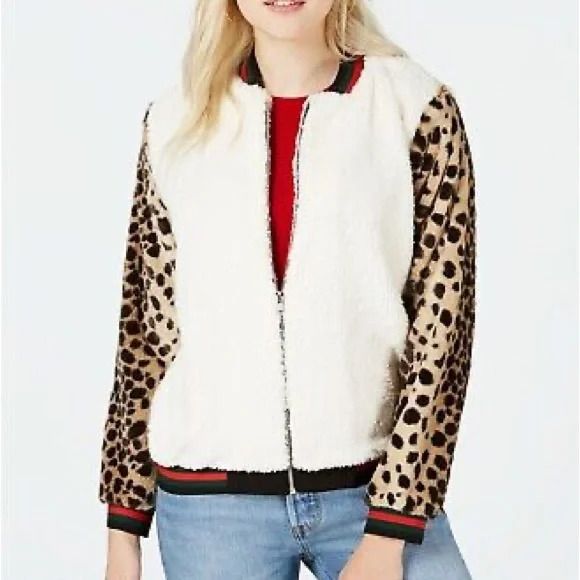 Photo 1 of SIZE JUNIOR XS Gypsies & Moondust Ivory Leopard Print Faux Fur Teddy Bomber Jacket