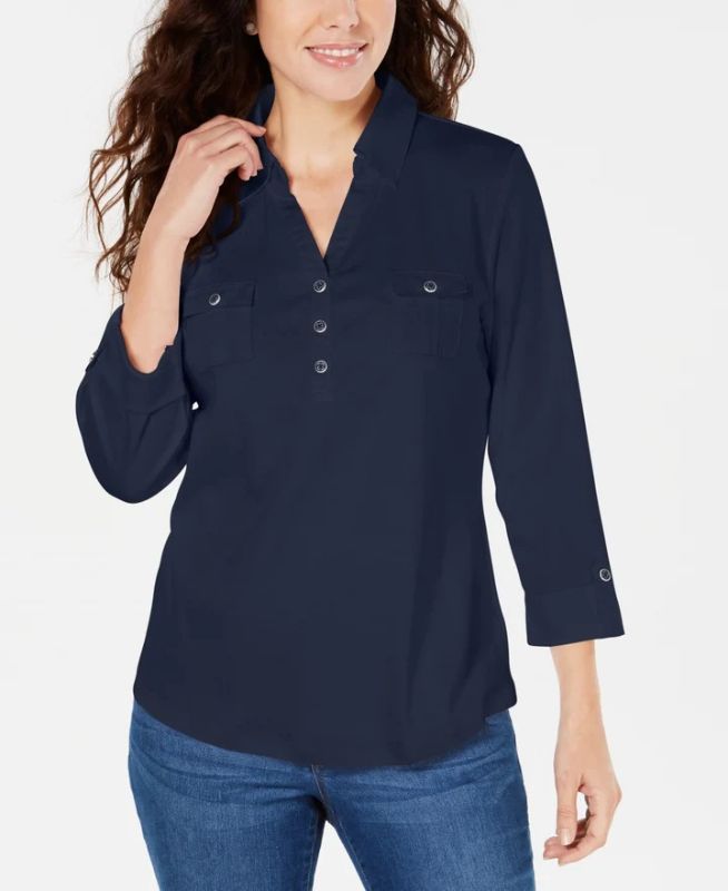 Photo 1 of PLUS SIZE 2X Karen Scott Women's Petite 3/4-Sleeve Polo Shirt Navy