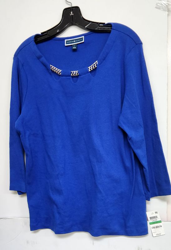 Photo 1 of SIZE L Karen Scott Women's 3/4 Sleeves Chain Blouse Blue 