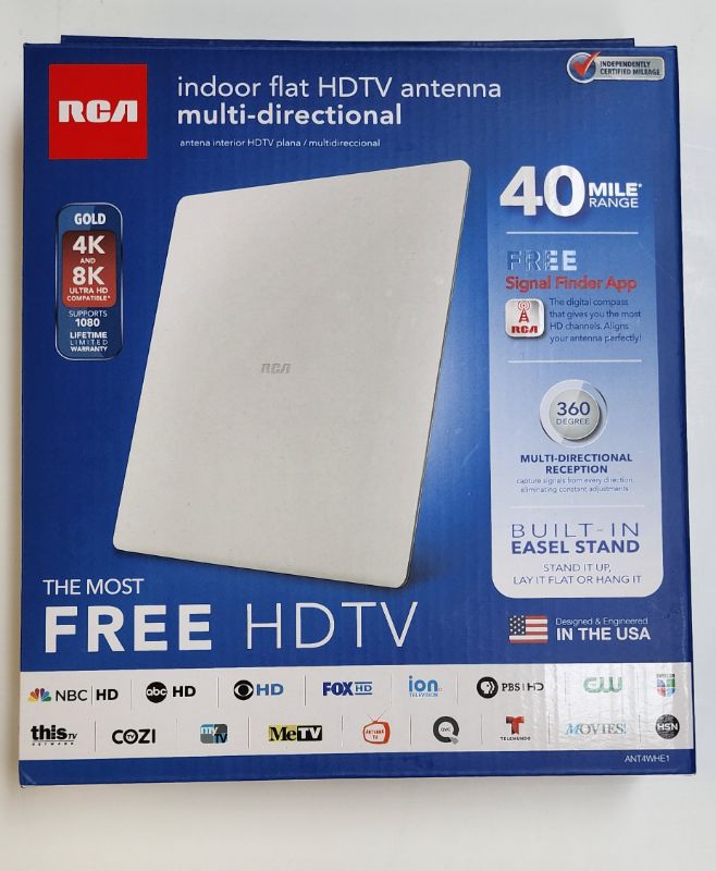 Photo 1 of RCA DGTL IND ANTENNA
RCA, Multi-Directional Flat Digital Indoor HDTV Antenna, Supports Up To 1080 HDTV Broadcasts For High Quality Picture & Sound Within 40 Miles Of The Tower, Patented 360 Degree Multi-Directional Design Eliminates Need For Constant Adju