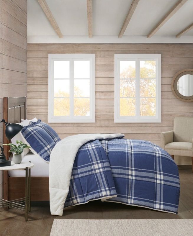 Photo 1 of FULL / QUEEN SIZE Premier Comfort Reversible Cotton Flannel to Faux Fur 3PC Comforter Set - FULL / QUEEN Blue Plaid. Set includes: Comforter , two Full / Queen shams. Plaid Print - Reversible - Fabric: 100% Cotton Face, 100% Polyester Back - 100% Polyeste