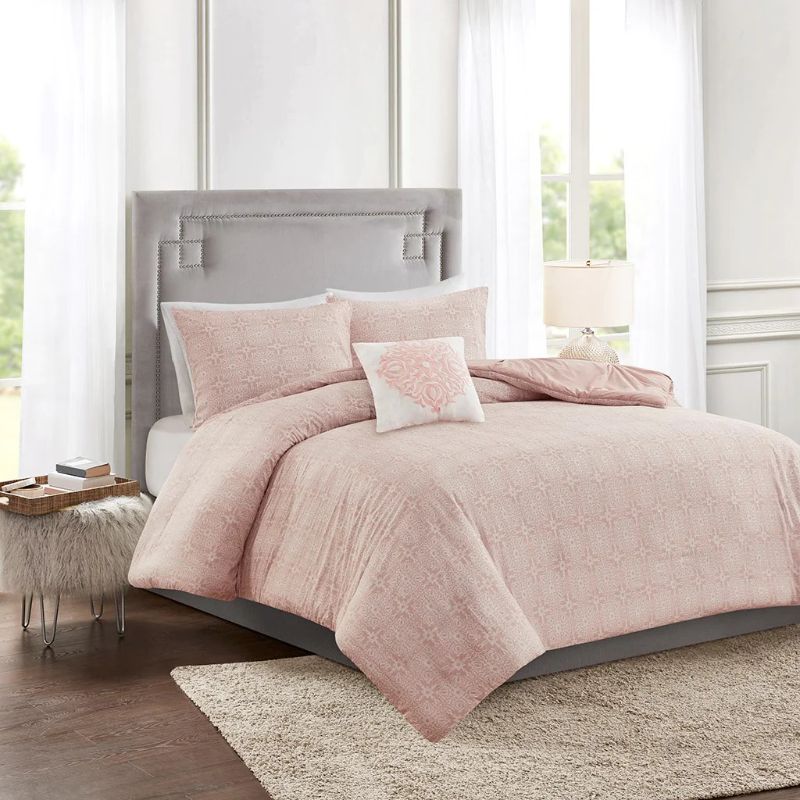 Photo 2 of King/California King Madison Park Malia Embroidered Cotton Reversible DUVET COVER, Set of 4 Pieces. Style your bedroom with the shabby chic allure of the Madison Park Malia 4 Piece Embroidered Cotton Reversible Duvet Cover Set. The face of the reversible 