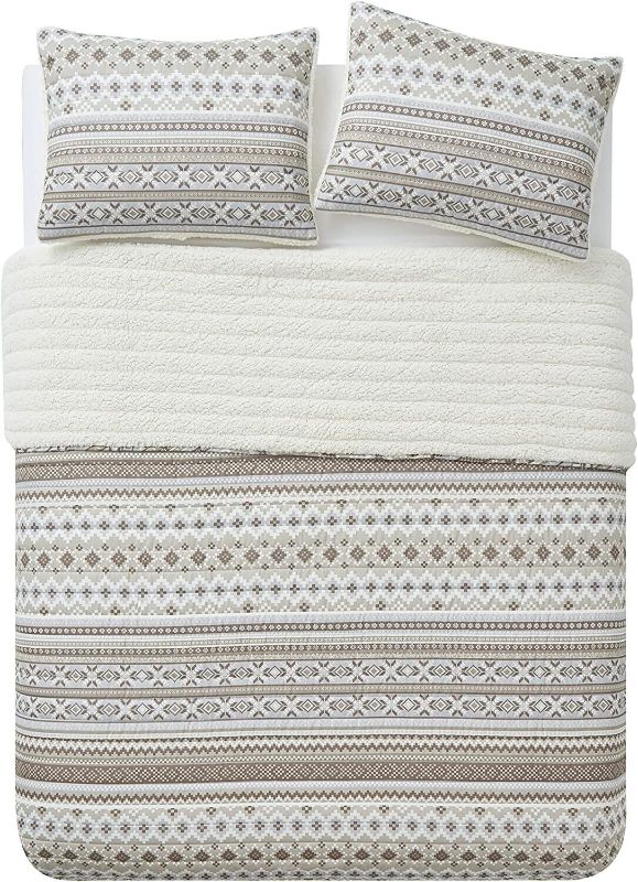 Photo 3 of FULL / QUEEN Bearpaw | Winnie Collection | Fair Isle Stripe Warm Sherpa Quilt Set, Full/Queen, Beige, 3 Pieces Full/Queen Beige. Quilt is 90x90, sham is 20x26. Features fair isle stripes and Sherpa fabric Set includes quilt and 2 shams. Face: 100% polyest
