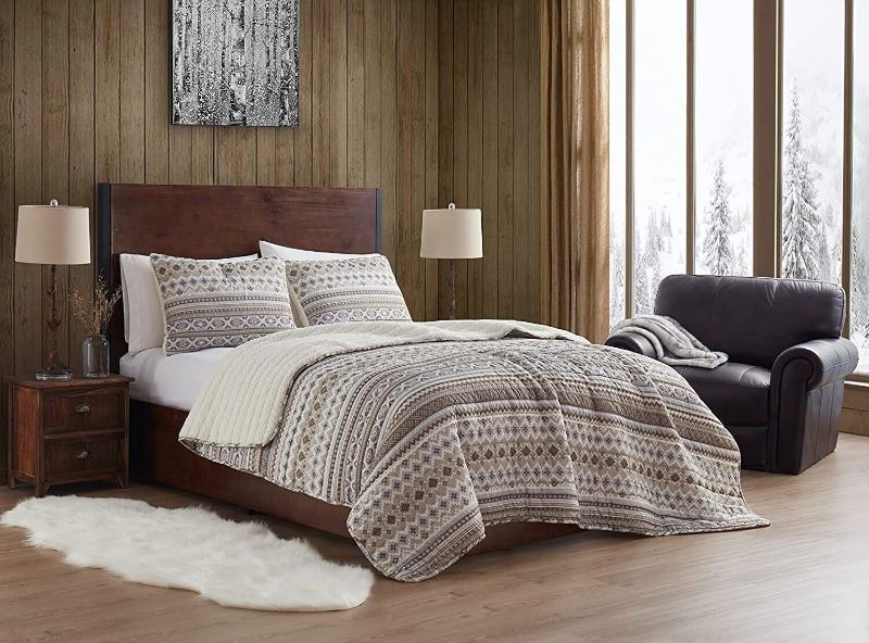 Photo 1 of FULL / QUEEN Bearpaw | Winnie Collection | Fair Isle Stripe Warm Sherpa Quilt Set, Full/Queen, Beige, 3 Pieces Full/Queen Beige. Quilt is 90x90, sham is 20x26. Features fair isle stripes and Sherpa fabric Set includes quilt and 2 shams. Face: 100% polyest