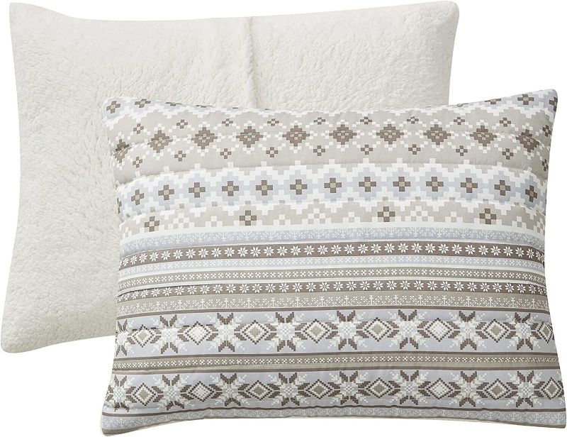 Photo 2 of FULL / QUEEN Bearpaw | Winnie Collection | Fair Isle Stripe Warm Sherpa Quilt Set, Full/Queen, Beige, 3 Pieces Full/Queen Beige. Quilt is 90x90, sham is 20x26. Features fair isle stripes and Sherpa fabric Set includes quilt and 2 shams. Face: 100% polyest