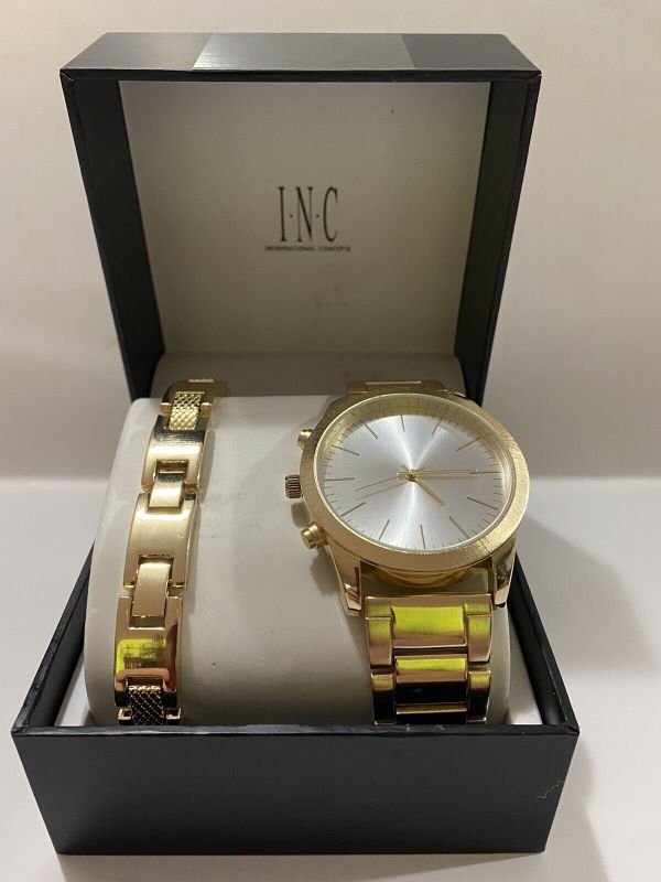 Photo 2 of Men's Brushed Silver-Tone or Gold-Tone Bracelet Watch 46mm Gift Set, Created for Macy's