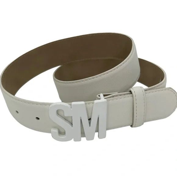 Photo 1 of SIZE L Steve Madden White Logo Keeper SM Buckle Belt Faux Leather