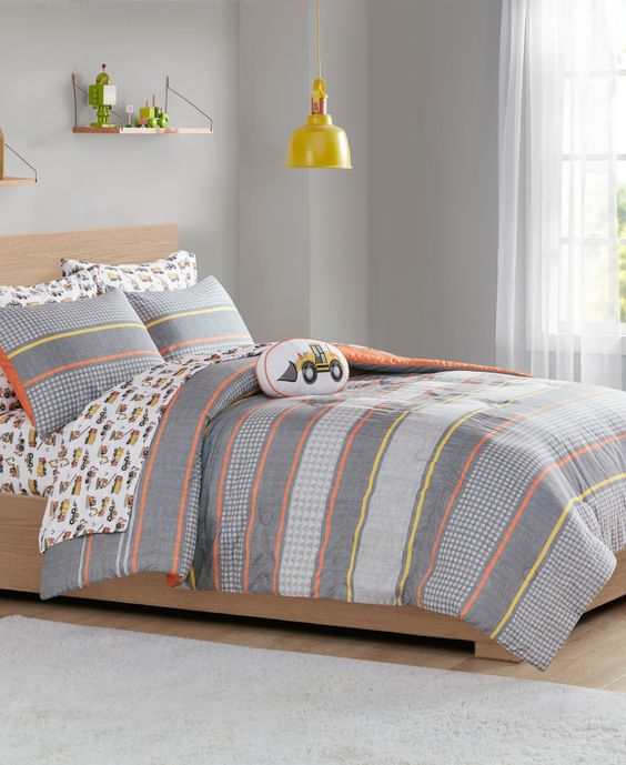 Photo 3 of Size Full Franky 8-Pc. Full Comforter Set - Multi. Bring a truckload of fun to any child's bed with this Franky comforter set, featuring soft sheets printed with construction vehicles, a geo-stripe comforter and shams and a cozy decorative pillow with a b