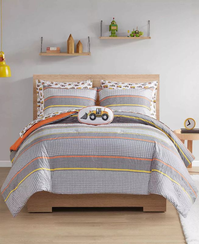 Photo 1 of Size Full Franky 8-Pc. Full Comforter Set - Multi. Bring a truckload of fun to any child's bed with this Franky comforter set, featuring soft sheets printed with construction vehicles, a geo-stripe comforter and shams and a cozy decorative pillow with a b