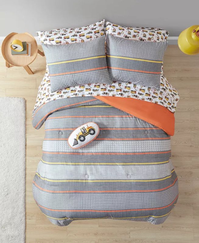 Photo 2 of Size Full Franky 8-Pc. Full Comforter Set - Multi. Bring a truckload of fun to any child's bed with this Franky comforter set, featuring soft sheets printed with construction vehicles, a geo-stripe comforter and shams and a cozy decorative pillow with a b