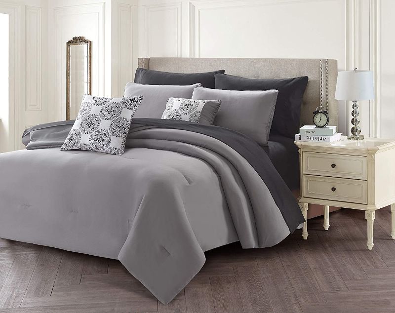 Photo 1 of Size TWIN Casual Living Comforter Beautiful Blanket and Cozy Complete Bed in a Bag Included Components: 1 Square Pillow, 1 Fitted Sheet, 1 Flat Sheet, 2 Pillowcases,  1 Oblong Pillow, 1 Comforter, 2 Shams, TWIN, Grey/Charcoal. Casual elegance meets pure u