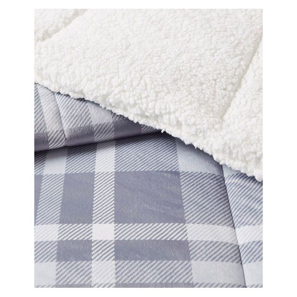 Photo 2 of KING SIZE PREMIER COMFORT Reversible Velvet to Sherpa Comforter Set - King - Grey Plaid. Cozy up to plush textures and superior warmth. This Premier Comfort reversible mini set comforter boasts a luxurious micro velvet that reverses to a soft ivory sherpa