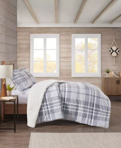 Photo 1 of KING SIZE PREMIER COMFORT Reversible Velvet to Sherpa Comforter Set - King - Grey Plaid. Cozy up to plush textures and superior warmth. This Premier Comfort reversible mini set comforter boasts a luxurious micro velvet that reverses to a soft ivory sherpa