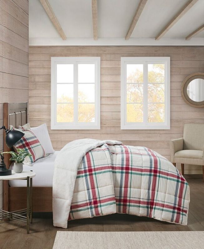 Photo 1 of SIZE QUEEN Premier Comfort Cotton Flannel to Faux Fur Comforter Set - Full/Queen- Red Plaid. Set includes: comforter (88" x 90"), two standard shams  (20" x 26). Plaid Print - Reversible - Fabric: 100% Cotton Face, 100% Polyester Back - 100% Polyester Fil