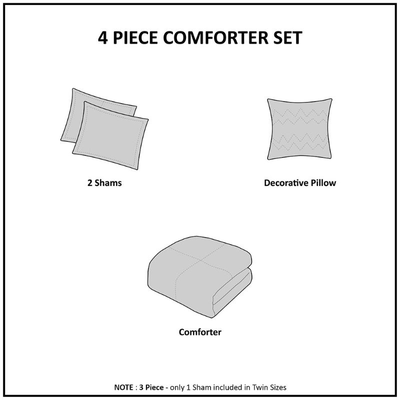 Photo 6 of Size FULL/ QUEEN Madison Park 4-Pc. Comforter Set with White Finish Full/Queen. 4 pieces set. • Full/Queen comforter set includes. • 90"W× 90" L comforter. • Two 20" W × 26" L standard pillow shams. • 16" W × 16" L square throw pillow • Pillow shams featu