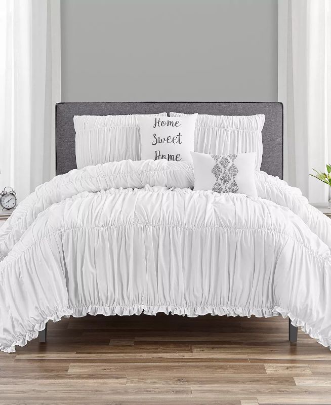 Photo 1 of KING Sanders Melissa King Comforter Set, 5 Piece. The delightful Melissa comforter set adds flair to your bedroom. Layers of ruching are featured on the comforter and shams. Two decorative pillows complete the look. Bed size- king. Product dimensions- com