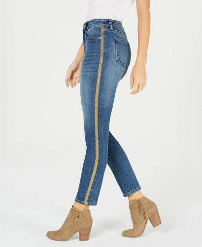 Photo 1 of Size 6 Skinny Leg Tummy Control Mid Size Style and Co. Women Gold-Striped Curvy-Fit Skinny Jeans. Gold racing stripes give an uptown vibe to Style & Cos skinny jeans and accentuate their great curvy fit.