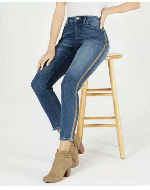 Photo 2 of Size 6 Skinny Leg Tummy Control Mid Size Style and Co. Women Gold-Striped Curvy-Fit Skinny Jeans. Gold racing stripes give an uptown vibe to Style & Cos skinny jeans and accentuate their great curvy fit.