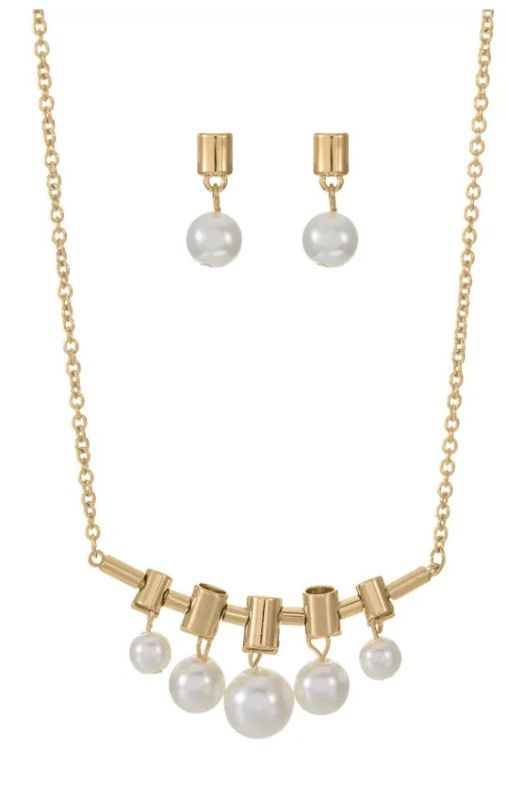 Photo 1 of ALFANI GOLD-TONE TUBE AND IMITATION PEARL STATEMENT NECKLACE AND DROP EARRINGS BY MACYS. Set in gold-tone mixed metal; plastic Approx. necklace length: 17 + 2 extender; approx. frontal drop: 3/4; approx. earring drop: 3/4 Lobster clasp closure; post back 