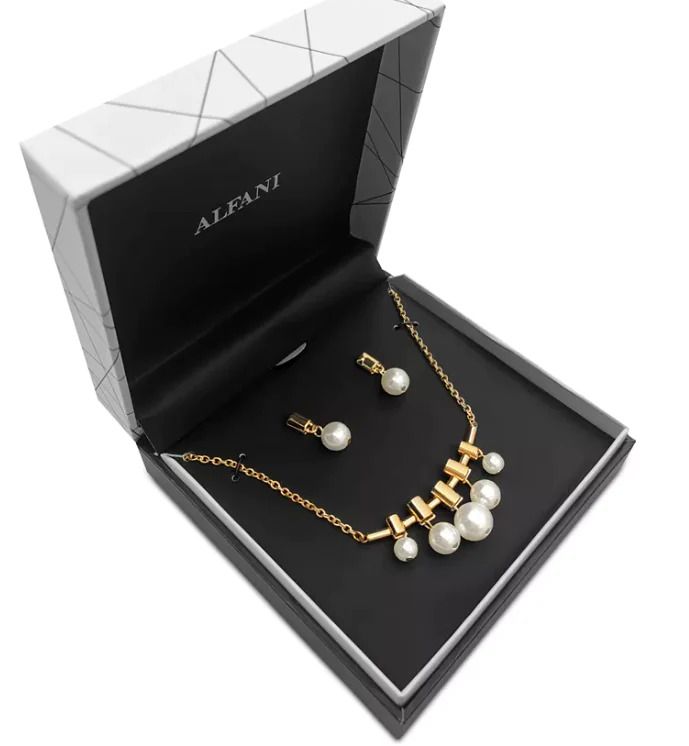 Photo 2 of ALFANI GOLD-TONE TUBE AND IMITATION PEARL STATEMENT NECKLACE AND DROP EARRINGS BY MACYS. Set in gold-tone mixed metal; plastic Approx. necklace length: 17 + 2 extender; approx. frontal drop: 3/4; approx. earring drop: 3/4 Lobster clasp closure; post back 