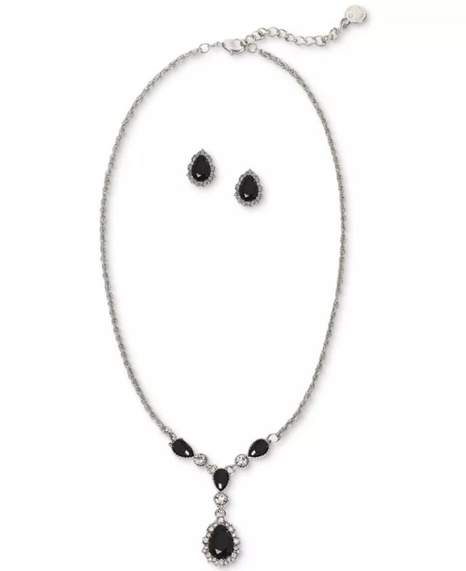 Photo 1 of CHARTER CLUB Silver-Tone Crystal Pear-Shape Halo Lariat Necklace & Stud Earrings Set, Created for Macy's