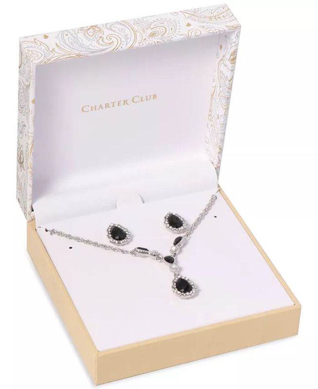 Photo 2 of CHARTER CLUB Silver-Tone Crystal Pear-Shape Halo Lariat Necklace & Stud Earrings Set, Created for Macy's