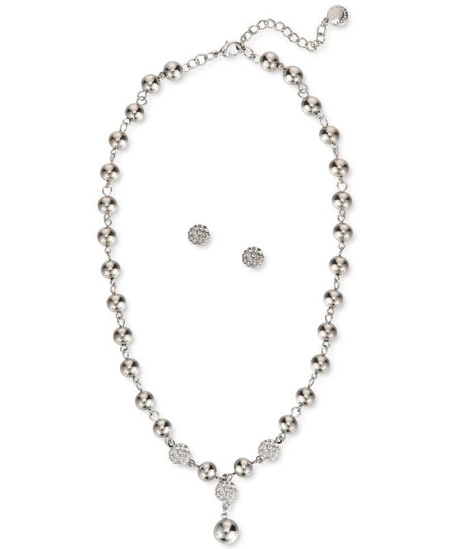 Photo 2 of Charter Club Silver-Tone Pavé Fireball & Bead Lariat Necklace & Stud Earrings Set, Created for Macy's