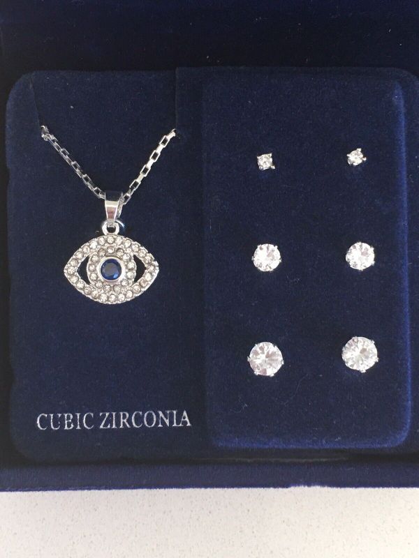 Photo 1 of Fine Silver Plate Cubic Zirconia Necklace And Earring set Horus Eye