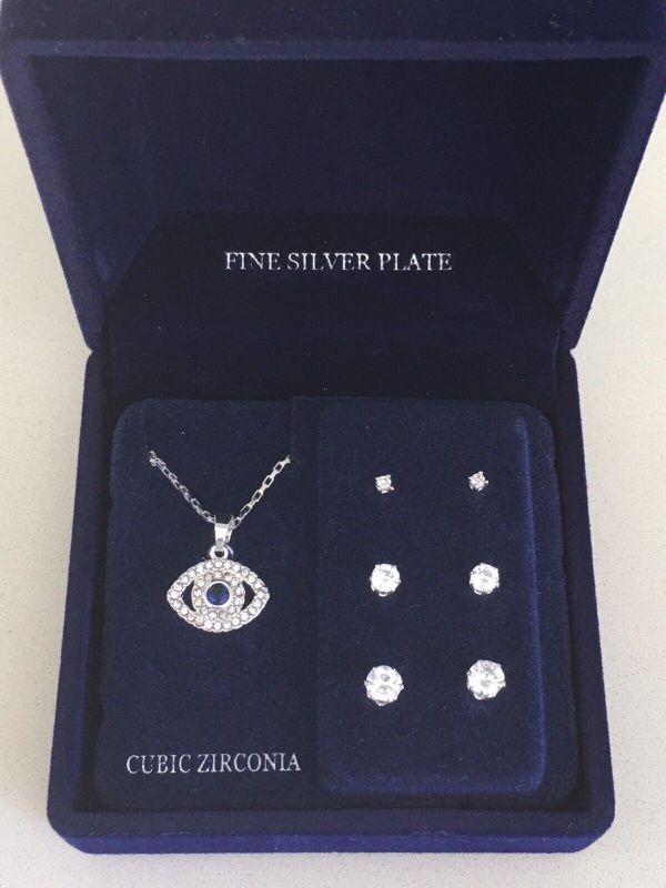 Photo 2 of Fine Silver Plate Cubic Zirconia Necklace And Earring set Horus Eye