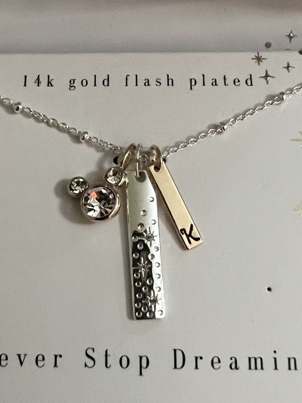 Photo 2 of Mickey Mouse "Never Stop Dreaming" Crystal Initial "K" Bar Pendant Necklace