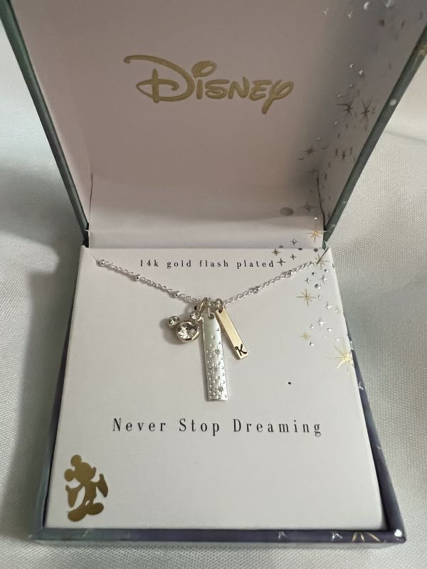 Photo 1 of Mickey Mouse "Never Stop Dreaming" Crystal Initial "K" Bar Pendant Necklace