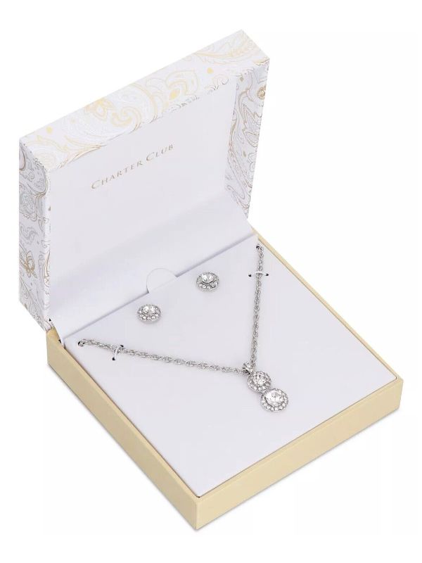 Photo 1 of Charter Club Silver-Tone Double Crystal Halo Pendant Necklace & Stud Earrings Set, Created for Macy's