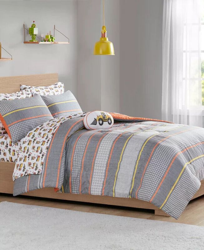 Photo 1 of TWIN Urban Dreams Franky 6-Pc. Twin Comforter Set. Bring a truckload of fun to any child's bed with this Franky comforter set, featuring soft sheets printed with construction vehicles, a geo-stripe comforter and shams and a cozy decorative pillow with a b