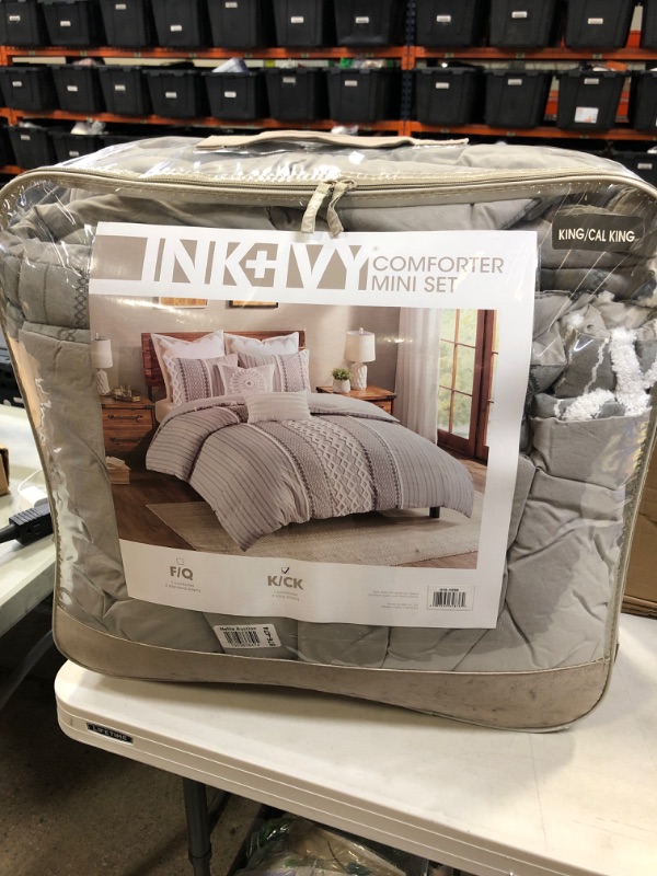 Photo 2 of King/Cal King INK+IVY Imani 100% Cotton Comforter Mid Century Modern Design Chenille Tufted All Season Bedding Set, Matching Shams, King/Cal King, Geometric Prints Gray.  Global inspired aztec print 3 piece cotton comforter set. • Set includes comforter a