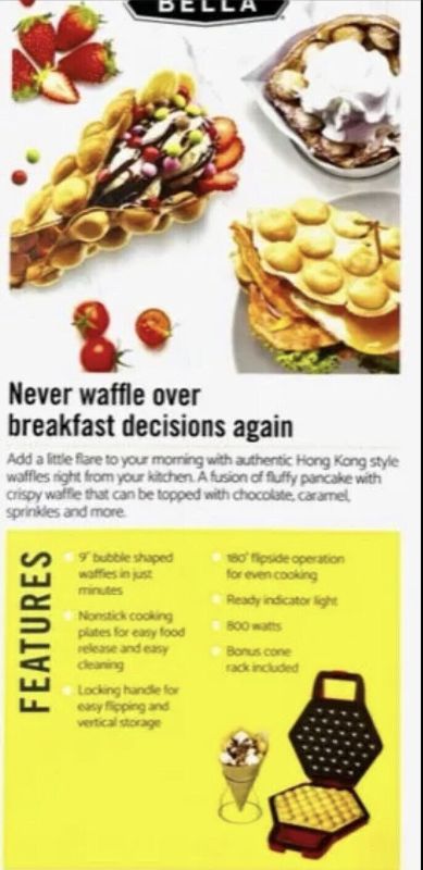 Photo 4 of Bella Bubble Waffle Maker 9” Authentic Hong Kong Style Waffles at Home RED. Make delicious ice cream cones, pizza waffles, grilled cheese, hash browns and more with Bella's bubble waffle maker. Small, round cells on the nonstick plate allow you to cook up