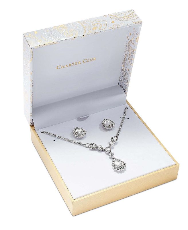 Photo 1 of Charter Club Silver-Tone Crystal Pendant Y-Necklace & Stud Earrings Boxed Set, 17" + 2" extender, Created for Macy's