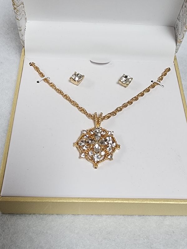 Photo 1 of Gold-Tone Crystal Filigree Pendant Necklace 3 Pc Set Earrings