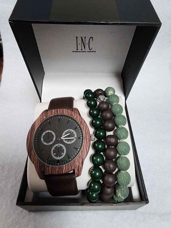 Photo 1 of INC Men's Black Faux-Leather Strap Watch 45mm & 3 Piece Bracelet Set