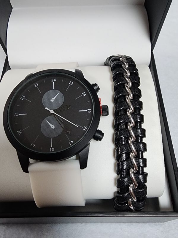 Photo 2 of INC Men's black and white leather belt Watch 45mm &1 Piece Bracelet Set 