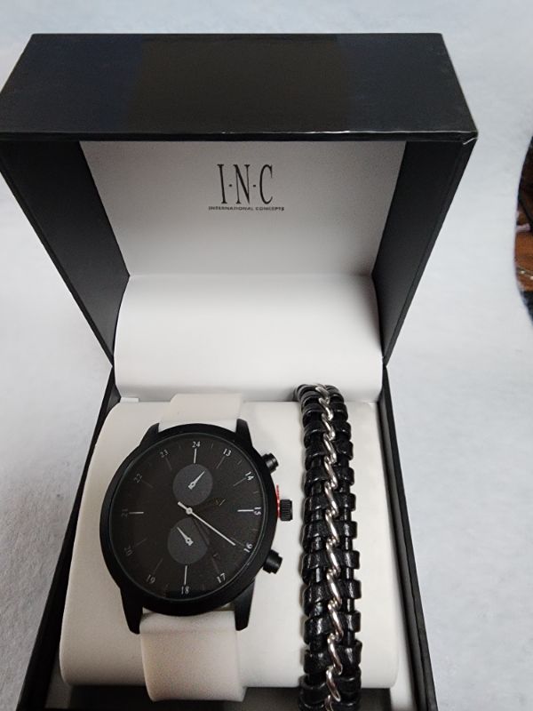 Photo 1 of INC Men's black and white leather belt Watch 45mm &1 Piece Bracelet Set 