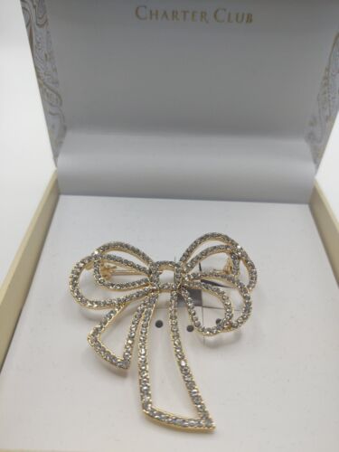 Photo 2 of Vintage Brooch Pin Charter Club Gold Tone Rhinestones Bow 2"