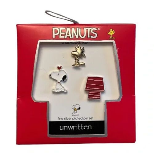 Photo 1 of Peanuts Two-Tone Snoopy Woodstock & Red Dog House Lapel Pin Set 3 Piece! This enamel lapel pin set features all your favorite Peanuts characters, from unwritten. Set in fine silver plated brass metal. Approx. pin height - 0.5". Lapel Pin Closure. Set incl