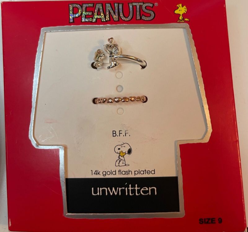 Photo 2 of PEANUTS Tri Tone Snoopy and Woodstock Adjustable Ring Duo 2 Piece Size 9.