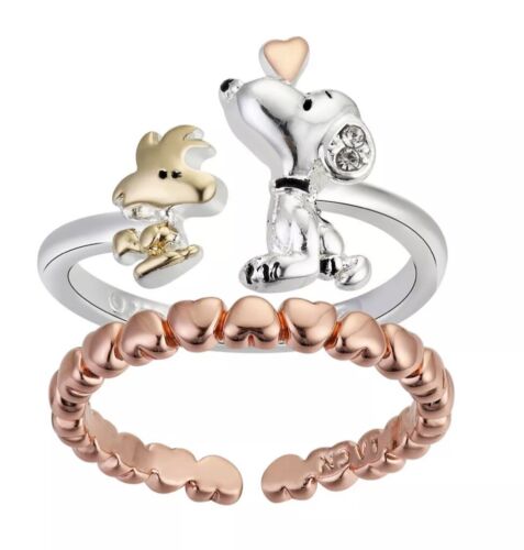 Photo 1 of PEANUTS Tri Tone Snoopy and Woodstock Adjustable Ring Duo 2 Piece Size 9.