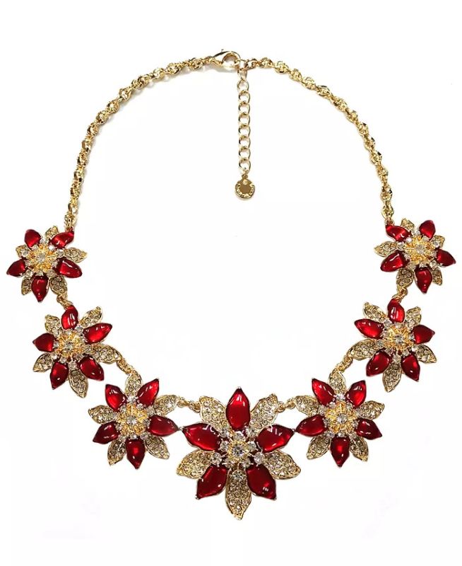 Photo 1 of CHARTER CLUB Gold-Tone Crystal Poinsettia Statement Necklace, 17" + 2" extender, Created for Macy's. Make any look instantly holiday-ready with this fabulous poinsettia statement necklace by Charter Club. Set in gold-tone mixed metal; glass. Approx. lengt