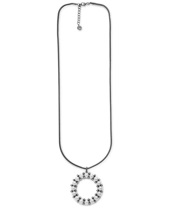 Photo 1 of Alfani Hematite-Tone Crystal & Imitation Pearl Circle Long Pendant Necklace, 32" + 2" extender, Created for Macy's