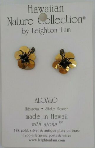 Photo 1 of Leighton Lam~Hawaiian Nature Collection 18k Gold Plated Hibiscus Earrings
